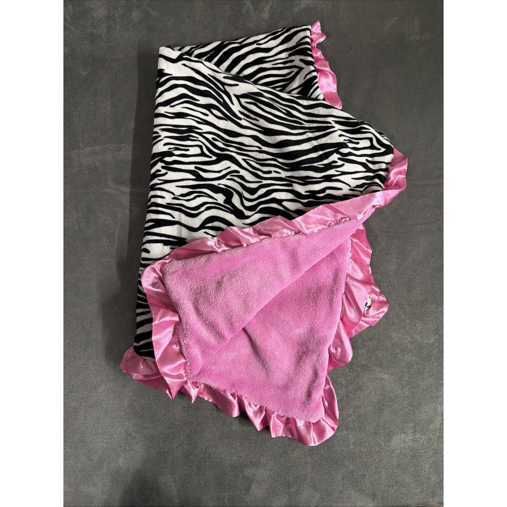 Baby Essentials Fleece Zebra Print Pink Satin Ruffled Trim Baby Blanket Lovey